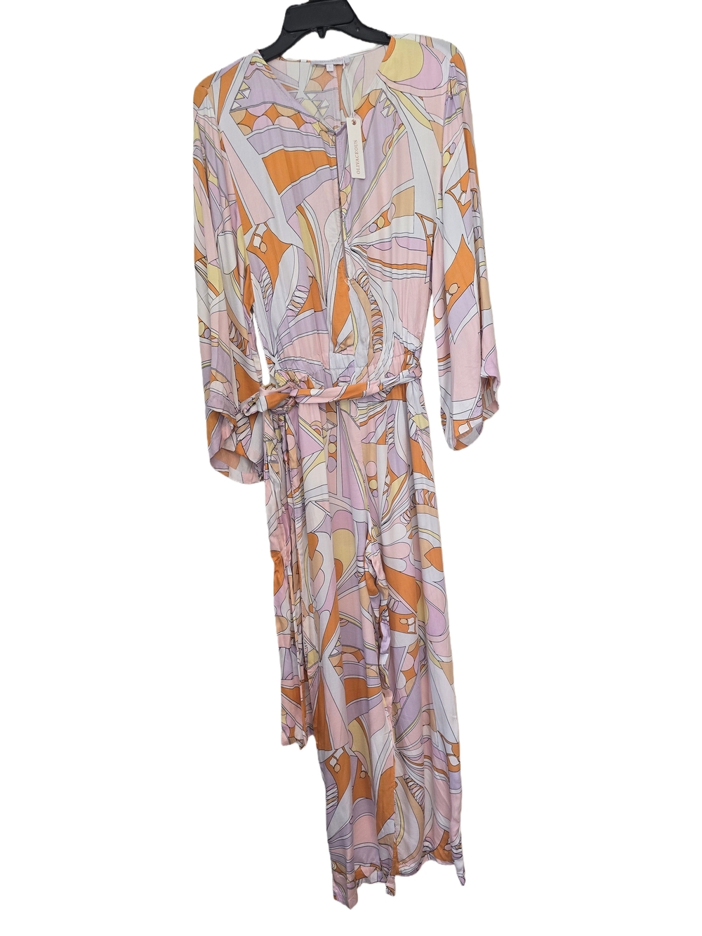 Olivaceous Pastel Pink and Orange Paisley Tie-Waist Maxi Dress